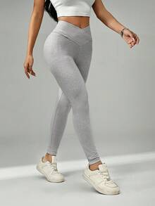 SHEIN PETITE 2pcs Women Yoga V-Neck Pants, High Waist Criss-Cross Fitness Sports Leggings - Multicolor - View 7