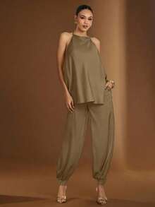 Hauture Pantalones de mujer con decoración de volumen texturizado en el bajo - Verde - Ver 5