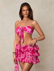 Swim Vcay Basics Women Sexy Tie Dye Tie-Dye Print Bandeau Bikini Set - Pink - View 3