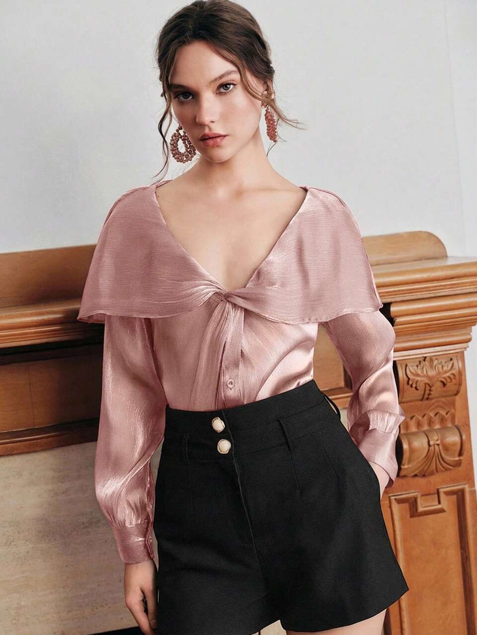 Anewsta Women's Dusty Pink,Summer,Elegant,Tea Party V-Neck Keyhole Blouse,Front Twist Knot Shoulder Design,Shiny Lightweight Fabric Formal Outings