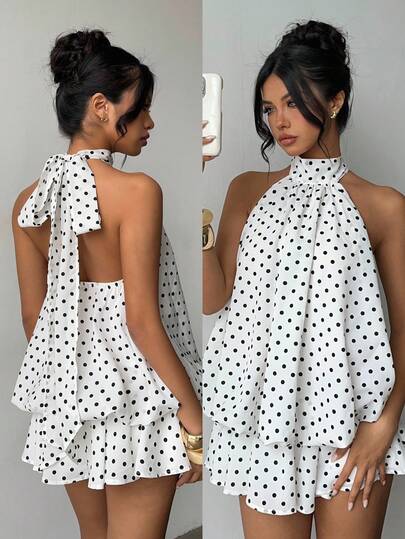 Aloruh Women's Elegant Polka Dot Print Halter Backless Mini Dress,Dresses For Women Elegant,New Year Dress ,Elegant Party Dresses,Dresses For Women Elegant