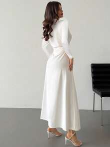 Firerie 女士新款优雅浪漫白色立领长袖褶皱 A 字长裙，适合日常通勤和约会 - 白色 - 查看 8