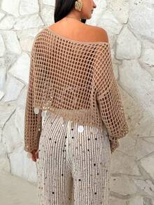 Firerie 女士优雅休闲镂空透视贝壳下摆宽松针织沙滩罩衫，适合春夏海滩度假 - 卡其色 - 查看 8