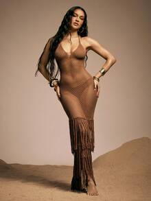 Hauture Đầm dệt kim không tay màu trơn khoét lỗ, có tua rua, thắt nơ dành cho nữ, thích hợp cho mùa xuân/hè. - Cà phê nâu - Xem 5