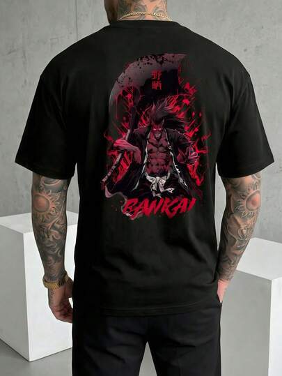 Camiseta de manga corta para hombre de verano, 100% poliéster, peso 180 gramos, estampado gráfico de anime japonés y guerrero en la espalda, de moda urbana oscura estilo Y2K versátil, ajuste regular, 1 pieza