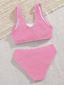SHEIN 少女比基尼套装，欧美时尚简约优雅休闲针织波浪面料泳衣两件套，适合度假、游泳、夏季、海滩穿着 - 西瓜粉 - 查看 2
