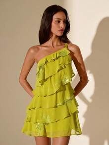 Glamine Đầm nữ màu xanh lá cây, kiểu dáng lãng mạn, xếp ly, bất đối xứng, thích hợp cho kỳ nghỉ và hẹn hò. - màu xanh lá - Xem 6