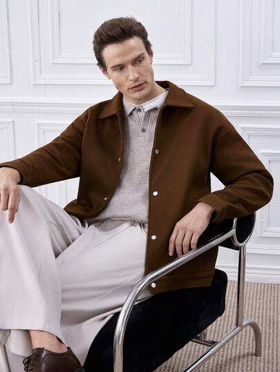 Officeau 男士纯色翻领全拉链夹克，加厚外套，街头风，适合多种场合