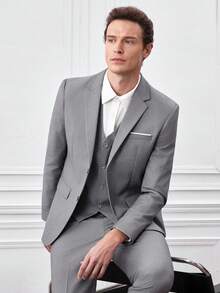 Officeau Conjunto de traje de 3 piezas para hombre: Blazer de manga larga, chaleco y pantalones de moda para boda, fiesta - Gris - Ver 12