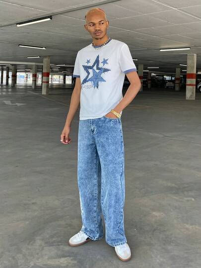 Ngobest Haus Ngobest Haus Standard Size Men's Navy Blue & White Star Pattern T-Shirt