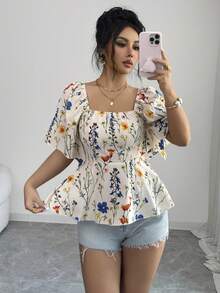 Elenzga 女士优雅印花收腰衬衫，夏季 - 杏色 - 查看 5