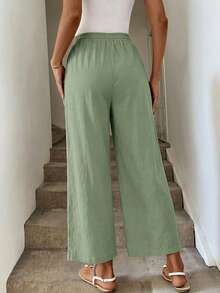 Easowa Quần lửng cotton lanh dáng rộng mùa thu, màu xám xanh, quần đi học/quần công sở cho nữ - Màu xanh lục của thợ săn - Xem 2