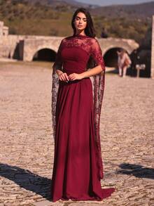 Aureia Đầm dạ hội trang trọng, thanh lịch và sang trọng màu đỏ rượu vang, chất liệu dệt kim tương phản ren, không dây vai, kiểu dáng chữ A, đính sequin hình bướm, xếp nếp. - Màu Đỏ Sâu - Xem 7