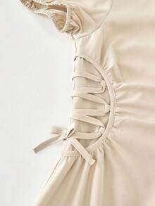 女童简约韩版优雅翻领泡泡袖收腰中长连衣裙，适合外出和聚会 - 卡其色 - 查看 4