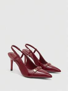 CUCCOO BIZCHIC Women Shoes Spring/Summer Metal Buckle Decorative Pointed Thick Heel Elegant Wind Patent Leather Burgundy Sandals Commuter Dinner Spring Shoes - Burgundy - View 2