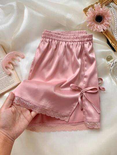 Comfortcana 女士纯色弹力腰侧系带撞色蕾丝短裤