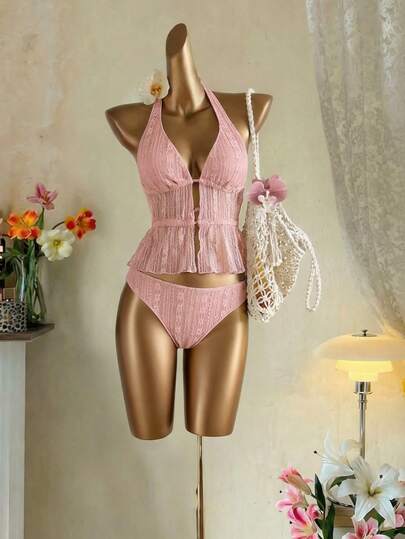 SHEIN MOD Women's Pink Halter Neck Swimsuit Set,Festival Outfits For Women,Spring/Summer Outfit, Beach Outfit, Holiday Outfits, 2pcs/Set, Suitable For Beach & Vacation, Cut Bikini,Beach Set