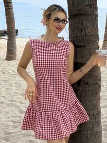 SHEIN MainGRL Sweet Red Plaid Gingham Sleeveless Ruffle Hem Mini Dress With Back Tie Cutout Easter Beach Vacation Picnic Coquette Summer Outfit For Women 2026 Spring/Summer - Red and White - View 4