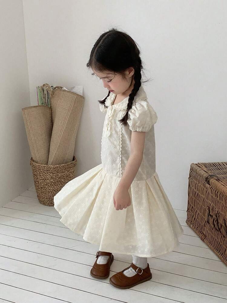 Baby Girl Summer Casual Solid Color Embroidered Petal Sleeve Pleated Hem Dress
