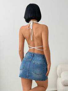 SHEIN Casual Washed Denim Mini Skirt, Summer - Medium Wash - View 2