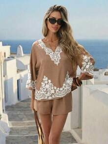 Breezaya Summer Bohemian Beach Vacation Lace Trim Casual Elegant 2 Pieces Set For Women - Khaki - View 8