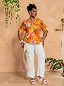 BrightlyHer 大码女式印花V领休闲百搭日常衬衫 - 亮橙色 - 查看 5