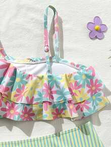 SHEIN Tween Girls Yellow Striped Print Bikini Set, 2-Piece Swimsuit With Layered Ruffle Top, Fashionable Casual Elegant Suitable For Swimming, Vacation, Summer - Multicolor - View 5