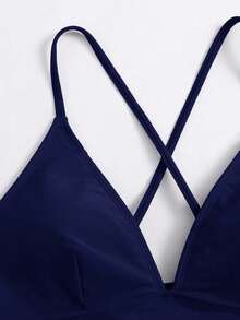 Swim Basics Women's Solid Color Criss-Cross Sexy Bikini Top, Summer Beach - Navy Blue - View 4