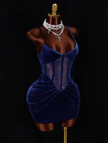 Amplova Gaun Mini Korset Renda Kontras Beludru Biru Tua Wanita, Gaun Malam Elegan dengan Tali Bahu Tipis dan Hiasan Ruffle, Pakaian Pesta Techno Rave Musim Gugur untuk Pernikahan - Navy Blue - View 4