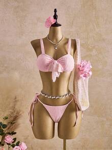 Swim Mod 2026SS New Women's Pink Bikini Set, Summer Tropical Beach Vacation Holiday Swimwear, 2pcs Elegant Vintage Textured Bowknot Retro Sweet Swimwear Outfit - Multicolor - View 7