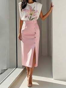 Rafferiza 女士标准尺码印花两件套，圆领无袖T恤上衣搭配侧开衩腰部纽扣半身裙，休闲优雅夏季套装 - 粉色 - 查看 5