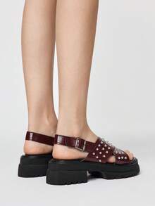 ROMWE Grunge Punk Women's Silver Criss-Cross Strap Roman Sandals, Punk Riveted Platform Wedge Summer Beach Vacation Shoes Summer Shoes - Brown matte - View 5