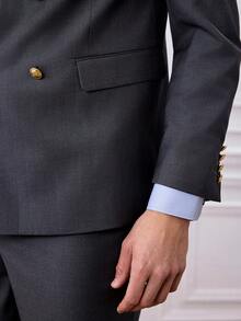 Officeau Fashion New Men's Business Double Breasted Solid Color Suit Coat+Trousers Male Slim Wedding 2 Pieces Blazers Jacket Pants High Quality Social Contact Gown - Grey - View 9