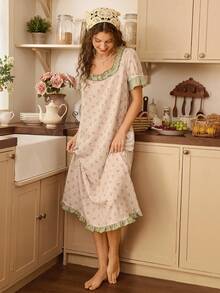 Women's Romantic Floral Print Plaid Frill Trim Square Neck Loose Nightgown - Green - View 5