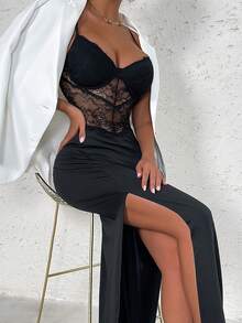 Allurite Backless Split Thigh Bustier Lace Cami Dress Maxi Women Outfit - Black - View 5