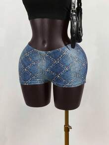 SaltGleam SaltGleam 女士时尚性感牛仔印花短裤，夏季 - 藍色 - 查看 1