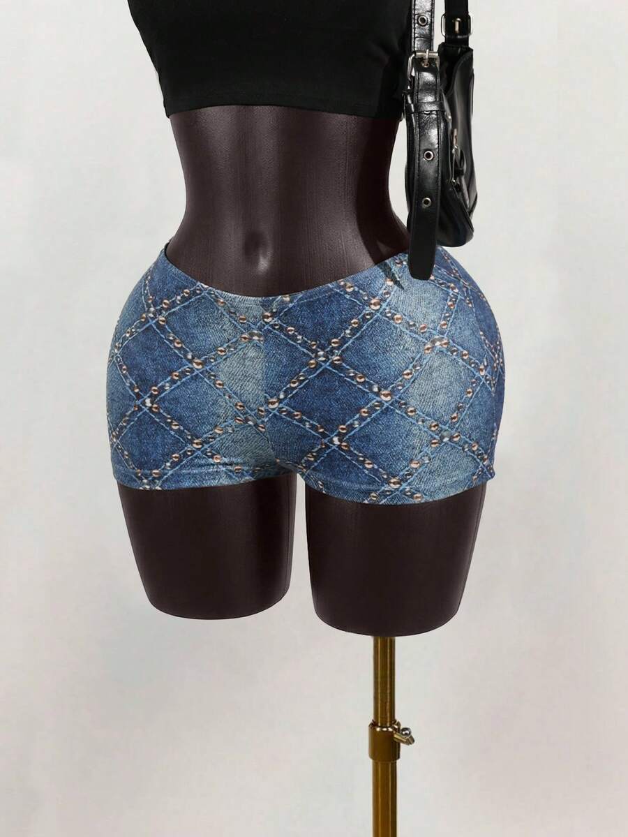 SaltGleam SaltGleam 女士时尚性感牛仔印花短裤，夏季 - 藍色 - 查看 1