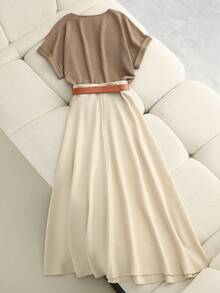 Franclia 休闲针织上衣搭配卡其色中长裙，腰带款式，春夏两件套，适合日常、通勤、度假穿着。 - 卡其色 - 查看 2