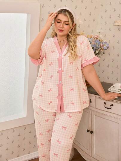 CottageSlumber Color Block Frill Trim V-Neck Butterfly Print Plus Size Pajama Set