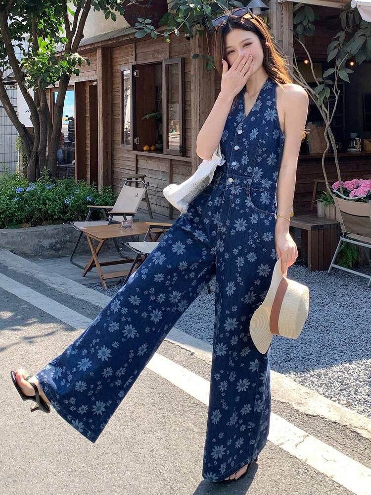 Women's All-Over Print Tie-Up Waist Loose Wide Leg Denim Jumpsuit Boho