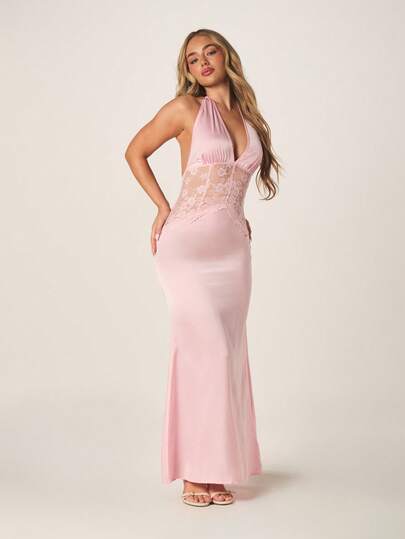 MISSGUIDED Đầm maxi cổ yếm cho nữ với chi tiết ren, ôm sát cơ thể, dài đến sàn, thích hợp cho tiệc tùng, đám cưới và khách mời.