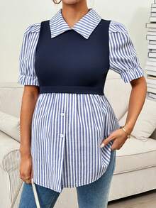 SHEIN 夏季孕妇休闲条纹拼接哺乳上衣 - 黑色 - 查看 4