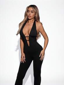 SHEIN ICON 女士时尚性感纯色露背吊带连体裤 - 黑色 - 查看 4