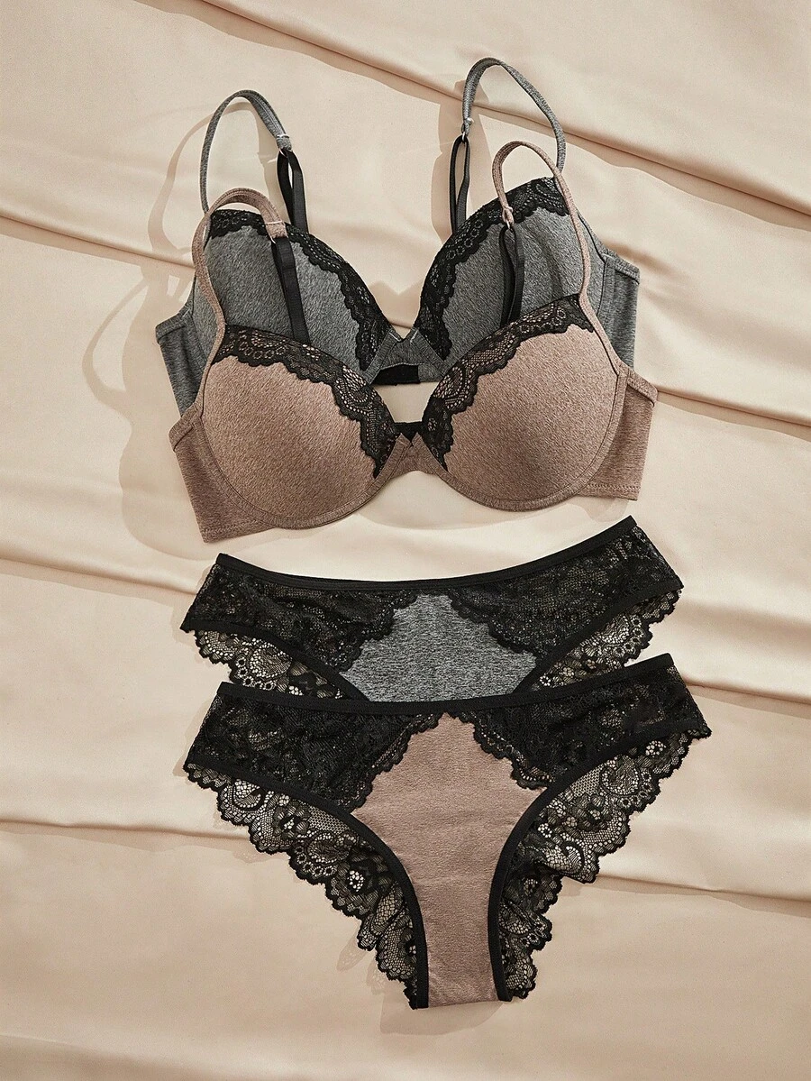 Charlaine Women's Romantic Contrast Lace Bra And Panty Set With Underwire - Multicolor - View 1