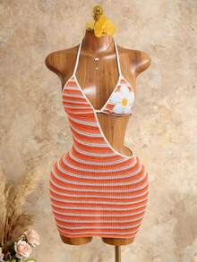 Mistrie Women's Floral Embroidery Striped Hollow Out Sexy Halter Neck Dress  Summer  , Summer Dress , Summer Dresses For Women , Summer Dresses  , Summer Outfits  , Summer Clothes  , Summer Outfits For Women , Summer Holiday Outfit , Summer Outfit For Women ,  Orange Beach Dress Bikini Skirt Set Bathing Suit Dress Dress Swimsuit Women Bikini Dress Skirt Swimsuit Set Knitted Bathing Suit Orange 2 Piece Set 2piece Summer Sets Halter Top Two Piece Set Orange Two Piece Set 2 Piece Summer Sets - Multicolor - View 5