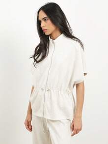 KSTM Women Cream Short Sleeve Zip Front Drawstring Waist Utility Jacket Spring Summer Lightweight Outerwear - Grey - View 4