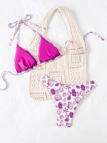 Swim Mod 2件套夏季度假随机印花金色贝壳装饰挂脖比基尼上衣和高衩泳裤性感泳衣套装 - 彩色 - 查看 3