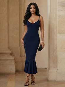 Anewsta Spring & Summer Solid Color Bodycon Ruffle Hem Casual Dress For Women - Navy Blue - View 5