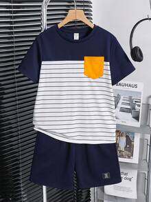 SHEIN 2pcs/Set Tween Boy Casual Sporty Striped Contrast Color Block Round Neck T-Shirt And Shorts Set, Suitable For Commuting, School, Daily Casual Wear, Sports, Spring/Summer - Green - View 4
