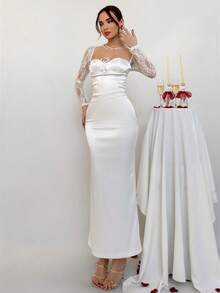 Aloruh Vestido de satén largo y elegante para el Día de San Valentín con cuello cuadrado, cuello con forma de corazón, encaje y manga larga transparente para mujer, vestido blanco para el Día de San Valentín - Blanco - Ver 7